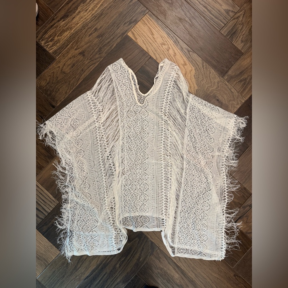 Boho Crochet Fringe Swim Coverup - Cream